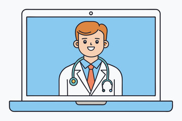 online healthcare and medical consultation and support services concept, doctor teleconferencing with stethoscope on laptop computer screen, conference video call, new normal, vector flat illustration