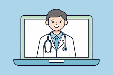 online healthcare and medical consultation and support services concept, doctor teleconferencing with stethoscope on laptop computer screen, conference video call, new normal, vector flat illustration