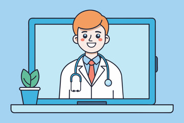 online healthcare and medical consultation and support services concept, doctor teleconferencing with stethoscope on laptop computer screen, conference video call, new normal, vector flat illustration