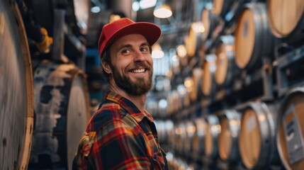 Brewery worker inspecting beer kegs in a storage warehouse