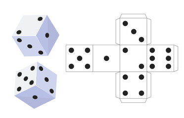 Casino dices scan scheme. Printable template for assembling. 3D gambling plastic cubes. White craps with black dots. Cut and fold DIY. Origami assemblage. Fortune play. Vector paper craft