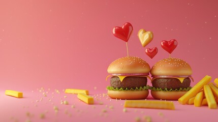 A whimsical 2d illustration captures the essence of true love between a hamburger and french fries playfully showcasing their inseparable bond