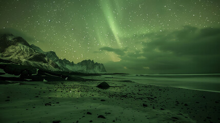 Northern lights over Haukland Beach in Lofoten Islands, Norway