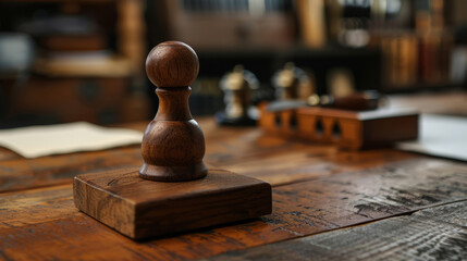 Closeup of a notary public wooden stamp on a desk