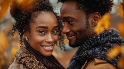 Obraz premium Loving couple embracing in autumn surroundings showcasing diversity and affection