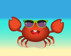Vector funny crab on the sea coast in sunglasses. Vacation and summer time relax