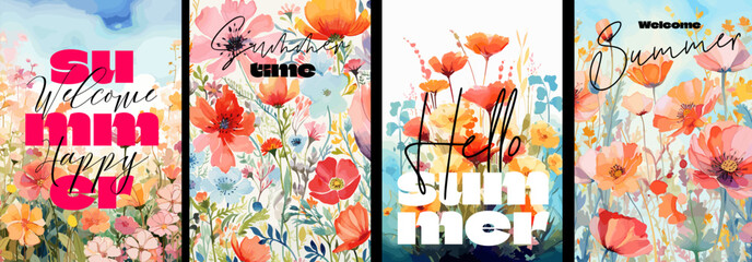 Hello summer poster with abstract watercolor drawing flower meadow. Floral art hand drawn placard set. Botanical artistic paint brush cover. Summertime blooms. Herbal plants season festival postcard