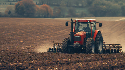 Obraz premium Red tractor plowing a large field on a misty day in autumn