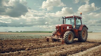 Fototapeta premium Old red tractor leveling the field under a cloudy sky