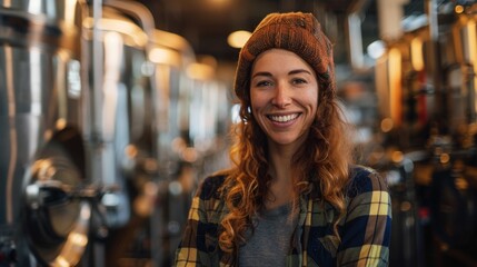 Enthusiastic brewery guide in a plaid shirt, providing a guided tour in a modern brewery