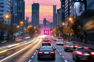 AI advertisement in a busy city street at dusk, symbolizing the integration of artificial intelligence in urban environments.