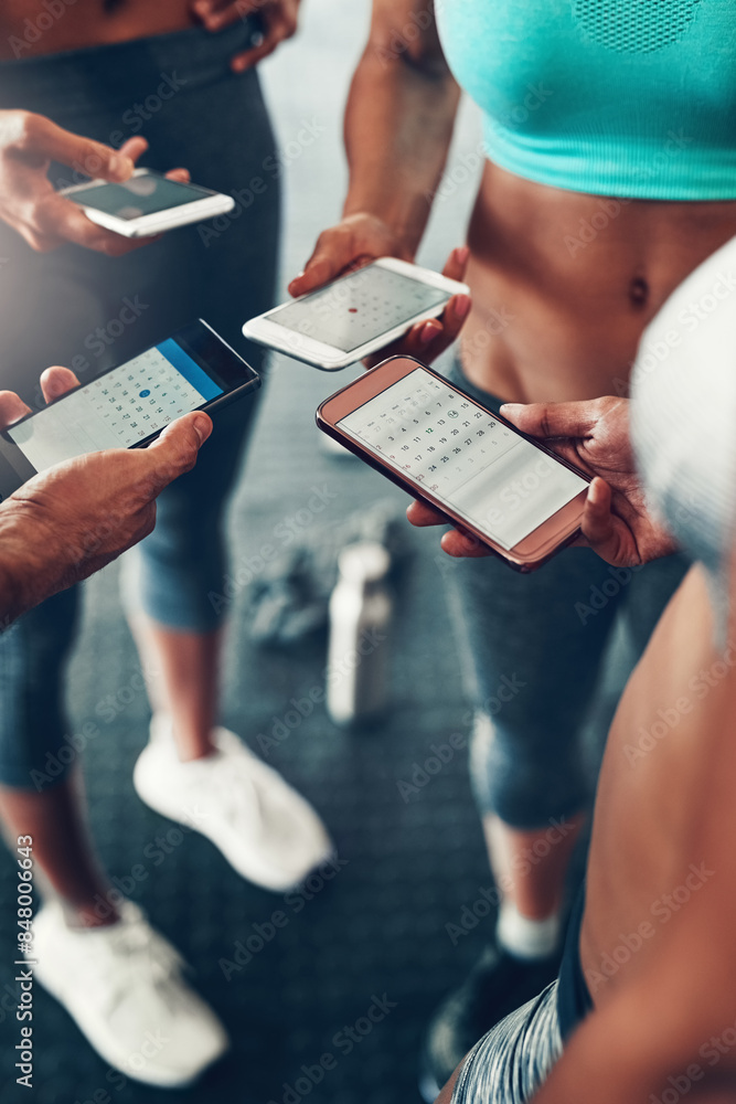 Fototapete Group, hands and calendar with phone for fitness schedule, workout or data sync at gym. Closeup of people on mobile smartphone or networking for training day, exercise routine or date at health club