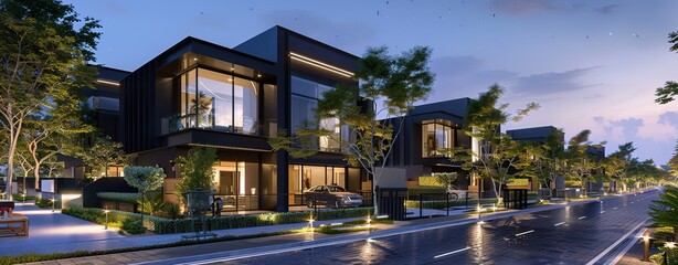 Architectural rendering of modern townhouses  at dusk, featuring sleek black accents with white lines, smart home technology, and solar panels.