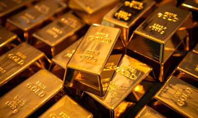 Close-up of gold bars with intricate engravings, reflecting ambient light, symbolizing luxury and stability