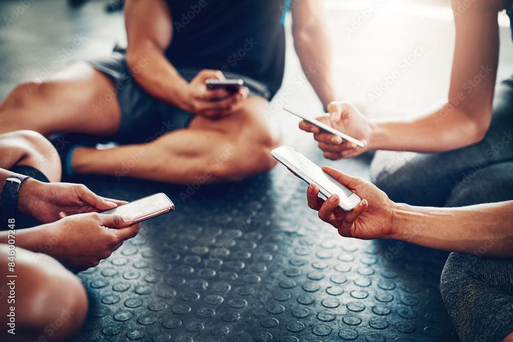 Poster People, hands and calendar with phone for fitness schedule, workout or data sync at gym. Closeup of group on mobile smartphone or networking for training day, exercise routine or date at health club