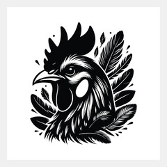 A black and white image of a rooster