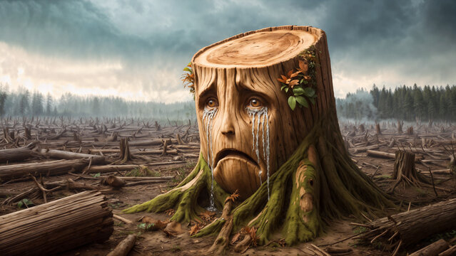 Crying tree stump with sad face and tears, surrounded by deforested landscape, symbolizing deforestation. Conceptual environmental destruction and nature mourning scene.