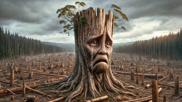 Crying tree stump with sad face and tears, surrounded by deforested landscape, symbolizing deforestation. Conceptual environmental destruction and nature mourning scene.