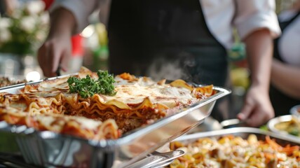 Close-up of person serving freshly baked lasagna from tray