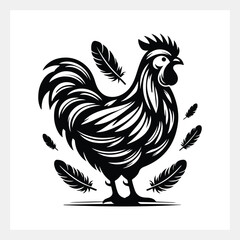 A black and white image of a rooster
