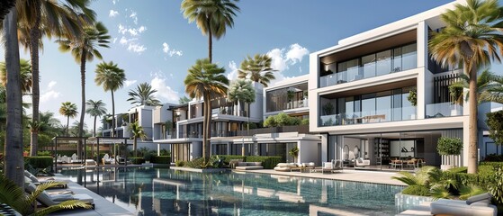 Obraz premium Architectural rendering of a modern residential complex with white and gray buildings, large windows, and outdoor pool area surrounded by palm trees and greenery.