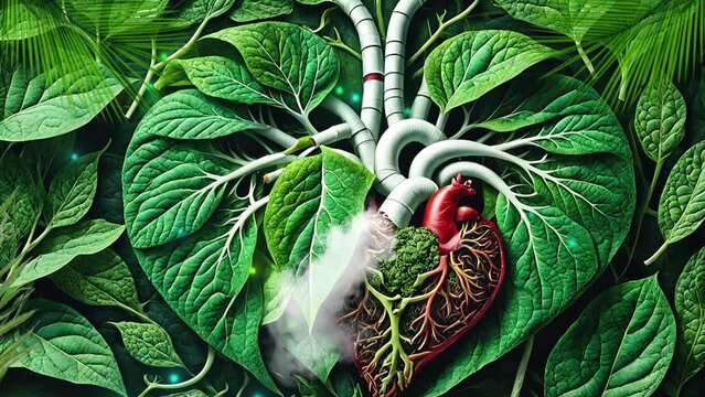 Illustrative view of smoker's smoke in the lungs juxtaposed with blood vessels, highlighting the impact on health