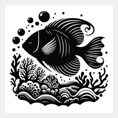 A black and white drawing of a fish