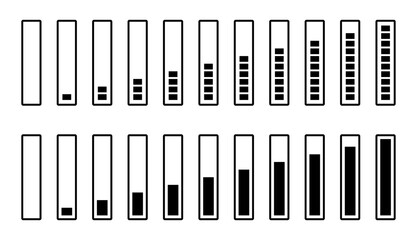 Loading status bar icon set in two styles. Progress indicator symbol. Download and upload web interface isolated illustration. Loading bar template collection.