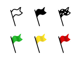 Flag icon set. Start and finish symbols. Red, green and yellow flag vector illustration. Checkered pennant sign. Location emblem.