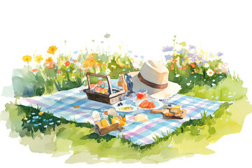 Obraz premium Picnic Basket With A Hat On Top Of It Is On A Checkered Blanket In A Field, Watercolor, Illustrations, Isolated On A Transparent Background.