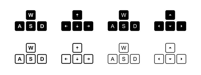 WASD icon. Keyboard vector illustration. Arrow button controller symbol. Computer game pictogram. Control key input interface. WASD simple black concept.