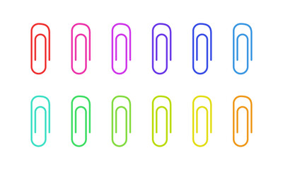 Paper clip colored icon set. Colorful paper clip collection. Office clamp symbol. Attachment vector illustration.