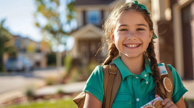 Smiling girl scout selling cookies door to door in a neighborhood