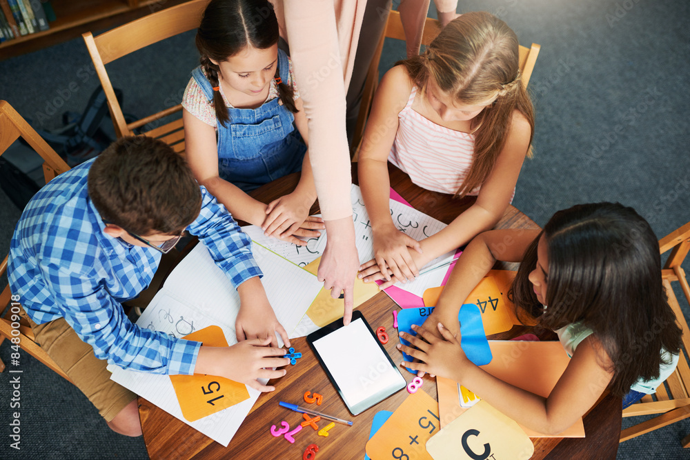 Poster children, teacher and tablet for education with help, mockup space and blank screen in classroom. pe