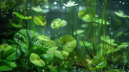 Attractive aquatic plants with vibrant green foliage and pale blossoms