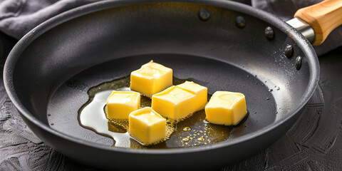 Butter cubes are melting in the frying pan