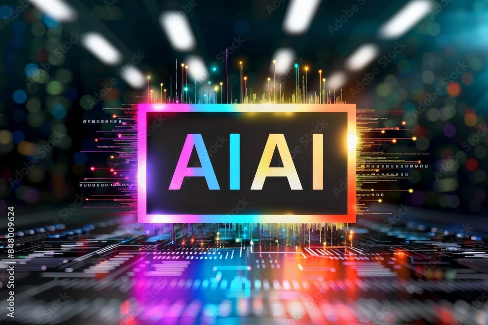 Aufkleber futuristic ai text in neon lights, symbolizing the integration of artificial intelligence in modern 