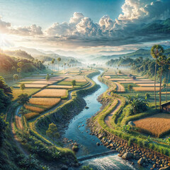  The image depicts a serene rural landscape with a man-made river flowing through a rice paddy field, under a clear blue sky.