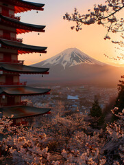 Fujiyoshida, Japan Beautiful view of mountain Fuji and Chureito pagoda at sunset