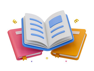 3D illustration of an open book with two colorful closed books, symbolizing education, reading, and literature.