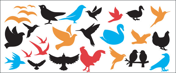 Print, collection of various black bird icons isolated on white background, set of bird vectors, Flying Birds Set Silhouette, bird Silhouette, collection of diverse birds in flight and perching ideal 