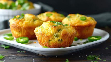 Jalapeno cornbread muffins on a decorative plate. Close-up of savory baked goods with fresh herbs.