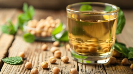 Creamy Chickpea Milk in Glass with Chickpeas in Bowl
