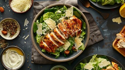 Grilled chicken Caesar salad with parmesan and lemon slices on a wooden table.