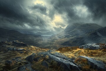 Naklejka premium Majestic Scotland Highlands Landscape Under Stormy Sky with Moody Atmosphere