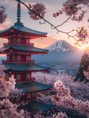 Fujiyoshida, Japan Beautiful view of mountain Fuji and Chureito pagoda at sunset