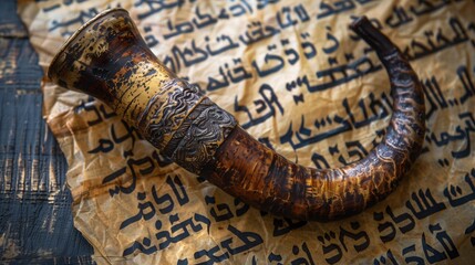 An ancient shofar horn with intricate details lies on a page of Hebrew text