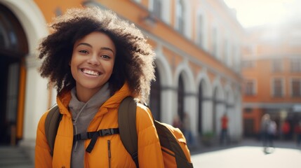 Smiling Young Girl with Backpack in Urban Setting