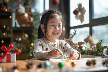 Smiling child making Christmas crafts at home, holiday season, childhood joy concept