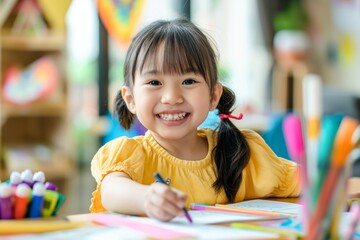 Smiling child drawing with colorful pencils at a bright table, creativity and joy concept